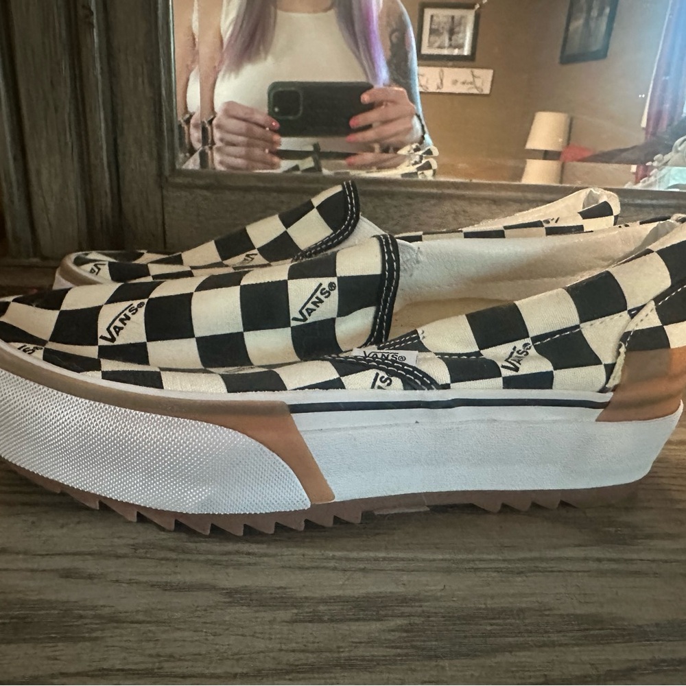 Vans Women's Checkered Slip-On Platform Shoes - Black and White